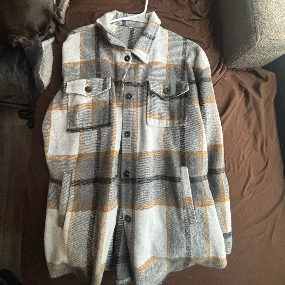 Plaid Men's Jacket - Gray, White, and Tan